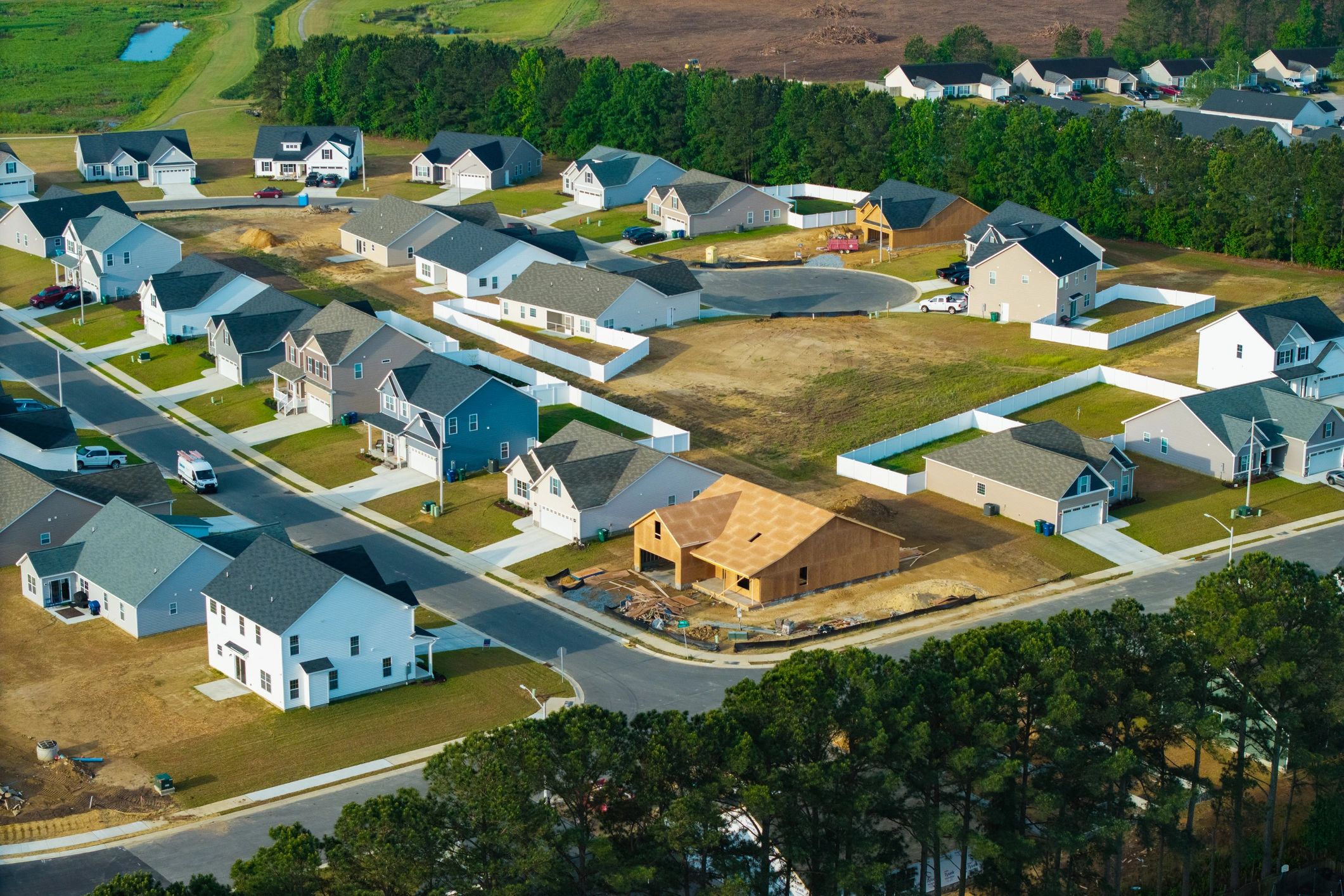 Aerial view of homes under construction
